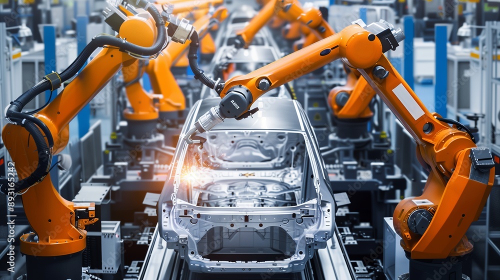 Robots welding on car assembly line Robotized industry in the car assembly plant Robots welding on car assembly line Robotized industry in the car assembly plant