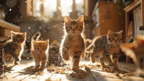 A Group of Kittens Running on a Wooden Floor in Front of a Pile of Shavings - Generative AI