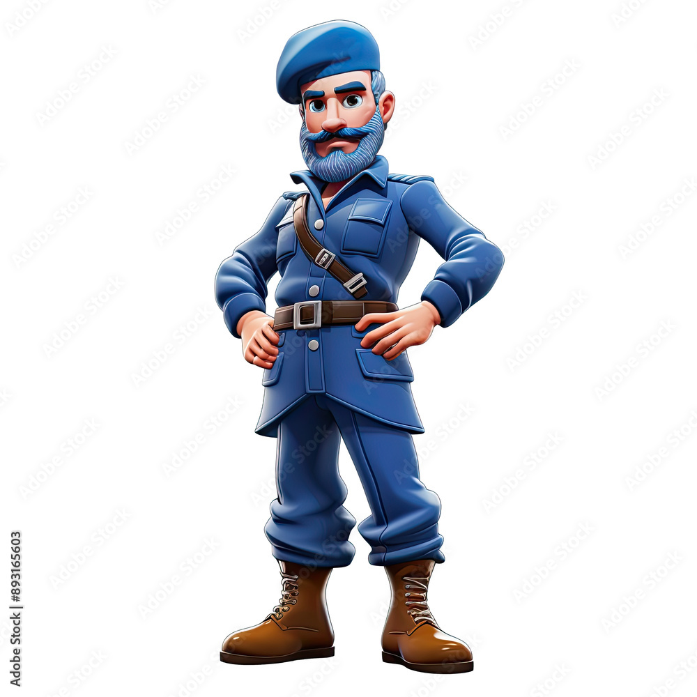 An illustration of a senior bearded soldier man wearing a blue beret, with both hands on his hips An illustration of a senior bearded soldier man wearing a blue beret, with both hands on his hips