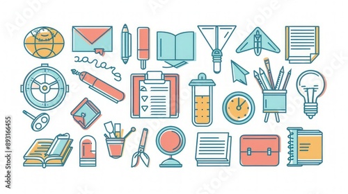 Wallpaper Mural Education icons in minimalist lineal style, isolated on pastel blue grey. Torontodigital.ca