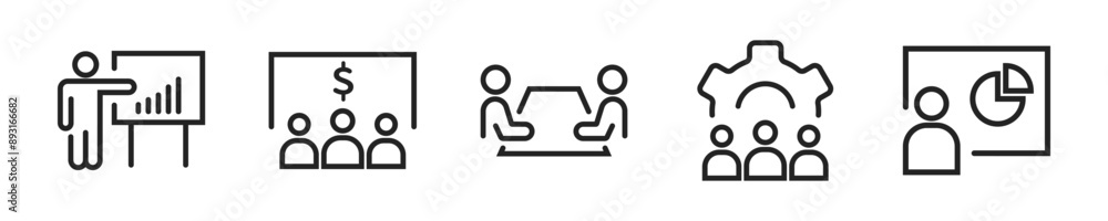 Business presentation icon set. Set of 5 outline icons related to meeting, conference, business people, audience, briefing, plan. Business presentation web outline icons collection. Business presentation icon set. Set of 5 outline icons related to meeting, conference, business people, audience, briefing, plan. Business presentation web outline icons collection.