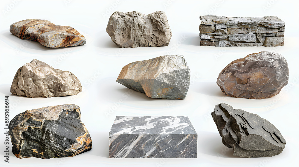 Collection set of long flat big hard rock boulder stone podium stage ...