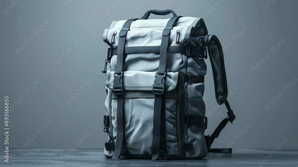 A high-detail, hyperrealistic image of a gray backpack with black accents, suitable for travel, school, work, and everyday use. A high-detail, hyperrealistic image of a gray backpack with black accents, suitable for travel, school, work, and everyday use.