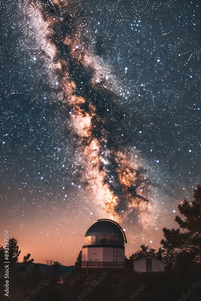 The Milky Way galaxy is visible in the night sky above an observatory with its telescope and dome. Stars and constellations fill the sky, creating a beautiful scene of cosmic wonder. This was shot on The Milky Way galaxy is visible in the night sky above an observatory with its telescope and dome. Stars and constellations fill the sky, creating a beautiful scene of cosmic wonder. This was shot on