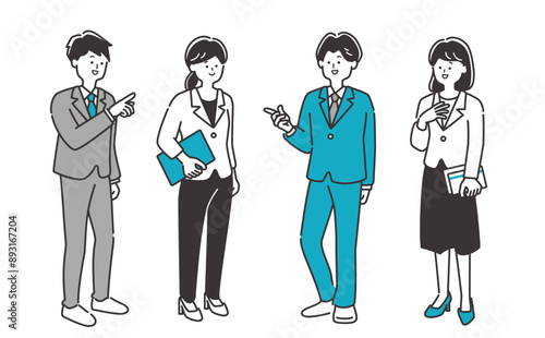 立ってミーティング・会話をするスーツのビジネスパーソン（男女）の全身イラスト素材