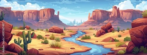 Panoramic landscape of the American desert with a small river. Cartoon illustration.