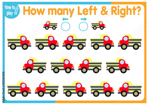 children's educational game, tasks. count how many elements will be placed on the right and how many on the left. boat, ship, trucks, car.