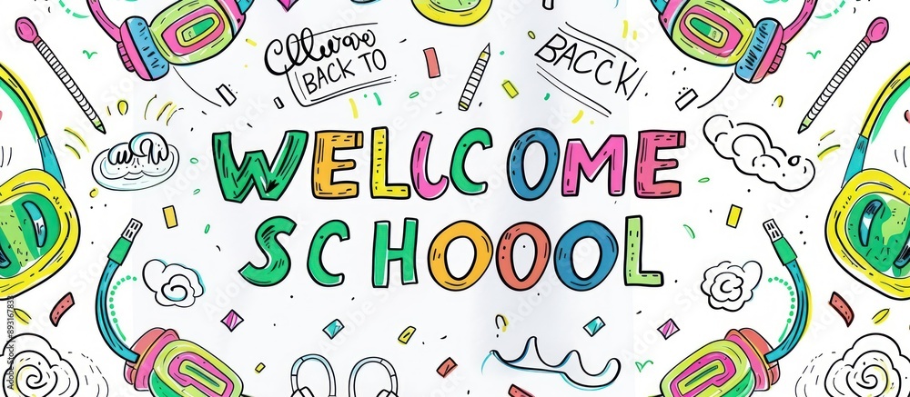School mat design with headphones and green speakers, cheerful symbols. School mat design with headphones and green speakers, cheerful symbols.