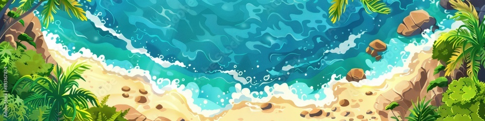 Top view of the coast of a tropical island. Cartoon illustration. Top view of the coast of a tropical island. Cartoon illustration.