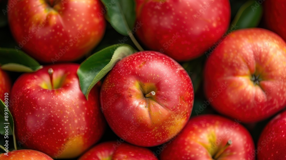 A close-up view of fresh red apples with green leaves, showcasing their vibrant color and texture, perfect for stock photography. A close-up view of fresh red apples with green leaves, showcasing their vibrant color and texture, perfect for stock photography.