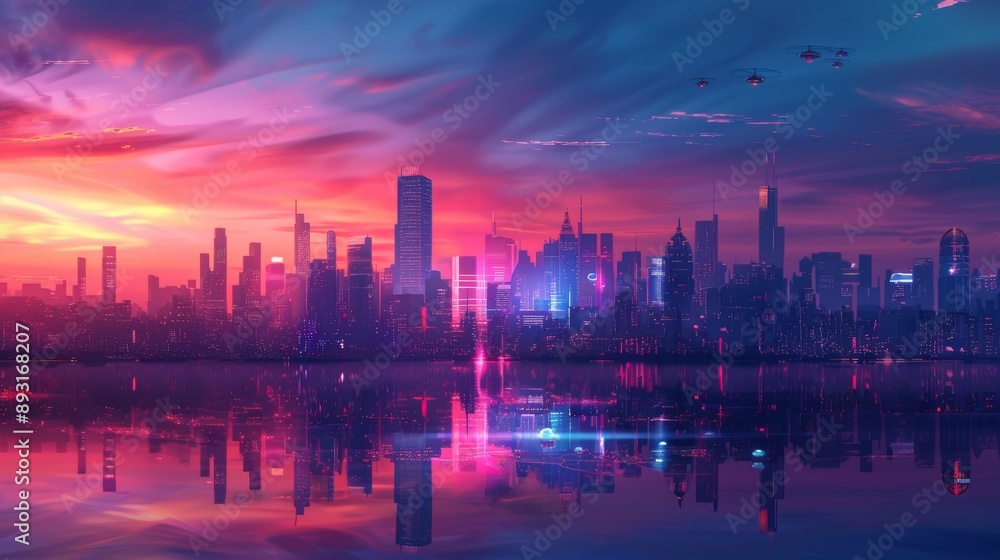 Obraz premium A City Skyline Is Reflected in a Body of Water at Sunset With the Sun Setting Behind It - Generative AI