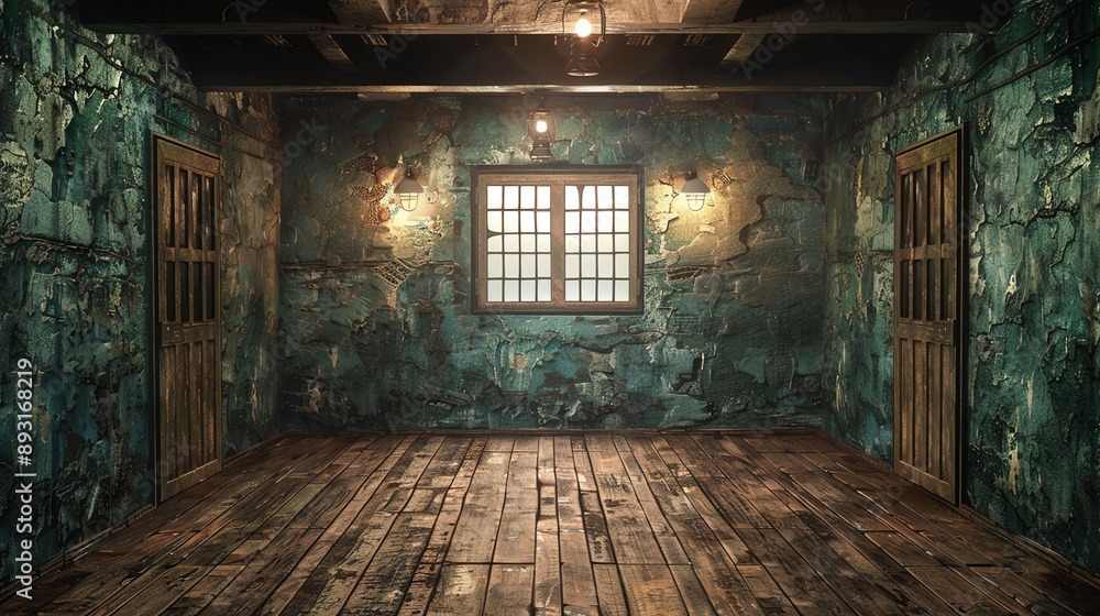 Obraz premium A dimly lit, abandoned prison cell with barred windows and a wooden floor. The walls are worn and faded, creating a sense of decay and isolation.