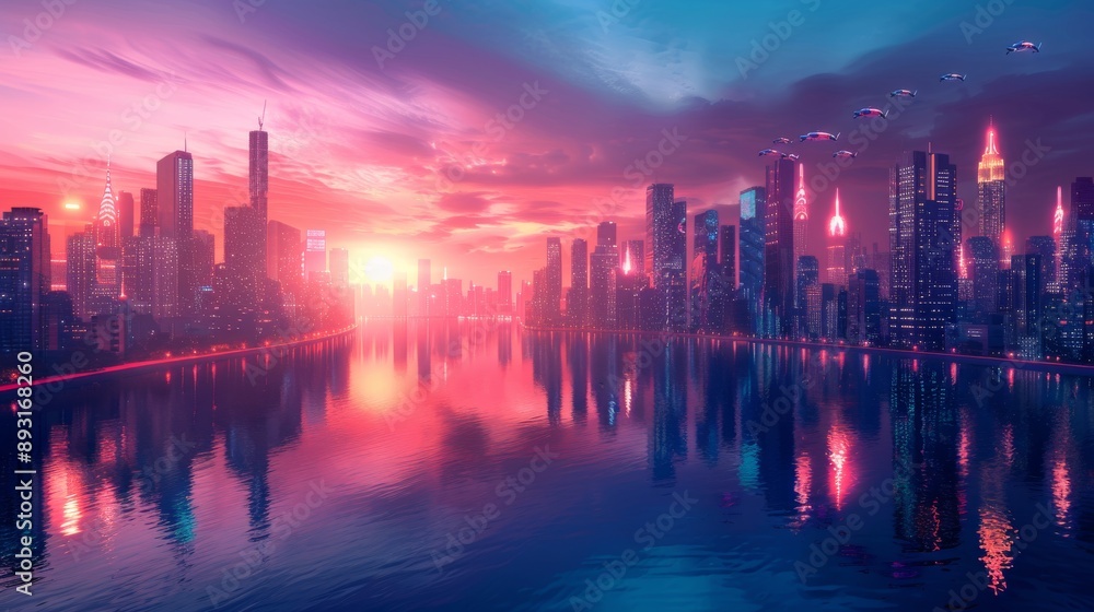 A City Skyline Is Reflected in a Large Body of Water at Sunset With Birds Flying Over It - Generative AI A City Skyline Is Reflected in a Large Body of Water at Sunset With Birds Flying Over It - Generative AI
