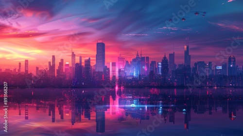 A City Skyline Is Reflected in a Body of Water at Sunset With the Sun Setting Behind It - Generative AI