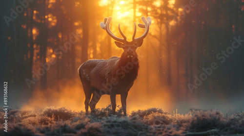 Majestic Elk in Golden Forest Sunrise