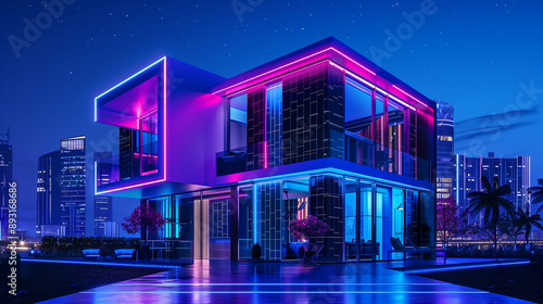 luxurious modern house with neon lights, illuminated by blue and purple lighting in the night sky urban cityscape