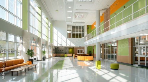 Bright school lobby featuring high ceilings, clean lines, and modern design