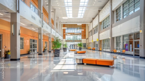 Bright school lobby featuring high ceilings, clean lines, and modern design