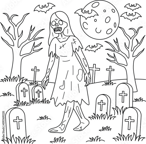 Zombie walking through a graveyard colouring. Halloween Outline Coloring Page