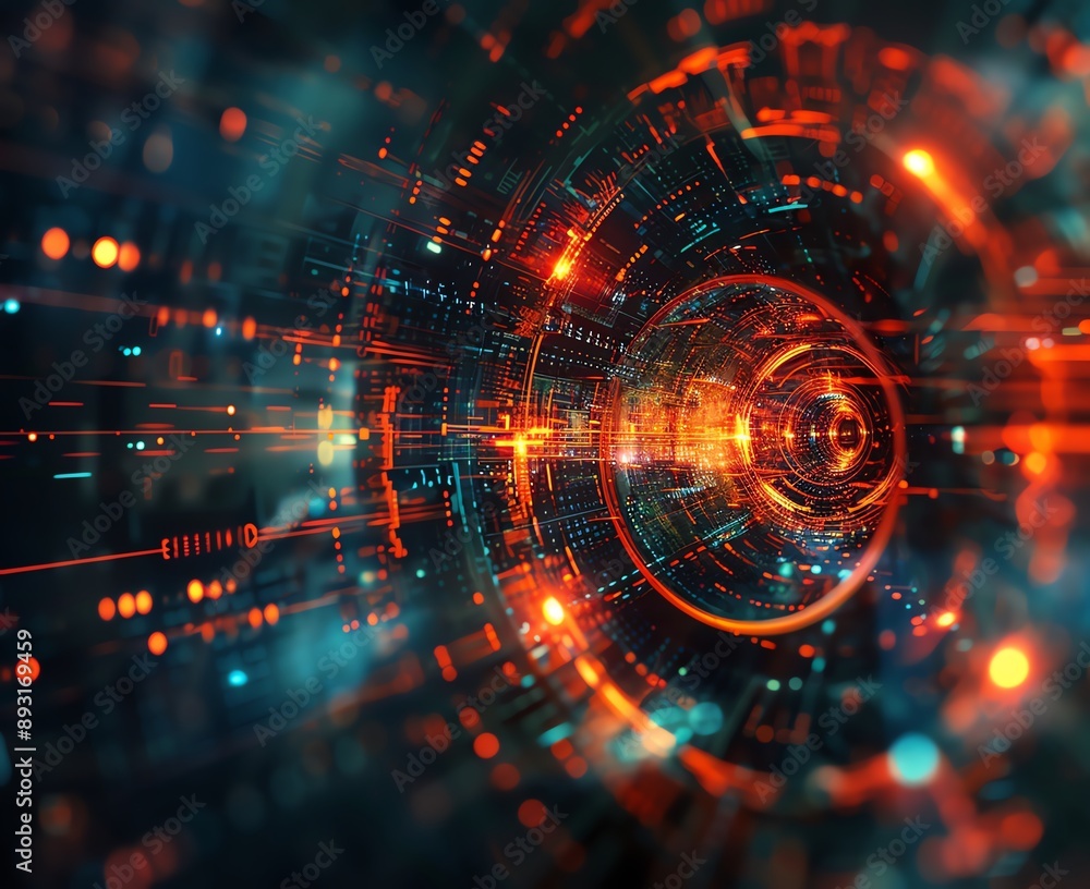 Obraz premium Abstract digital tunnel with glowing orange and blue lights. Futuristic technology concept.