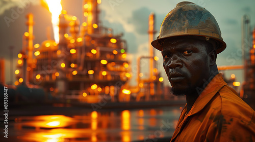 Refinery workers in overalls in the background of an oil refinery