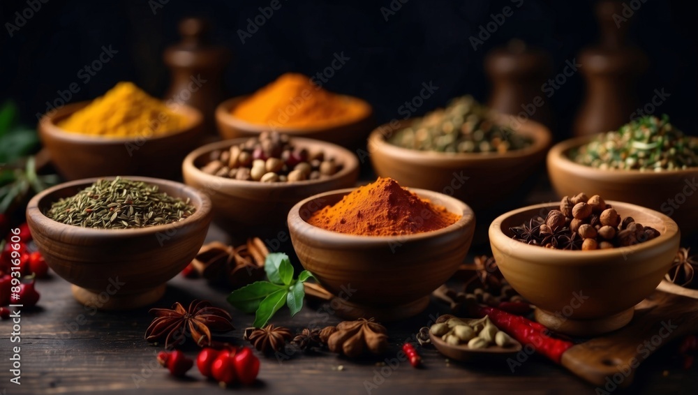 Variety of exquisite gourmet spices displayed in classy wooden bowls on dark backdrop. Variety of exquisite gourmet spices displayed in classy wooden bowls on dark backdrop.
