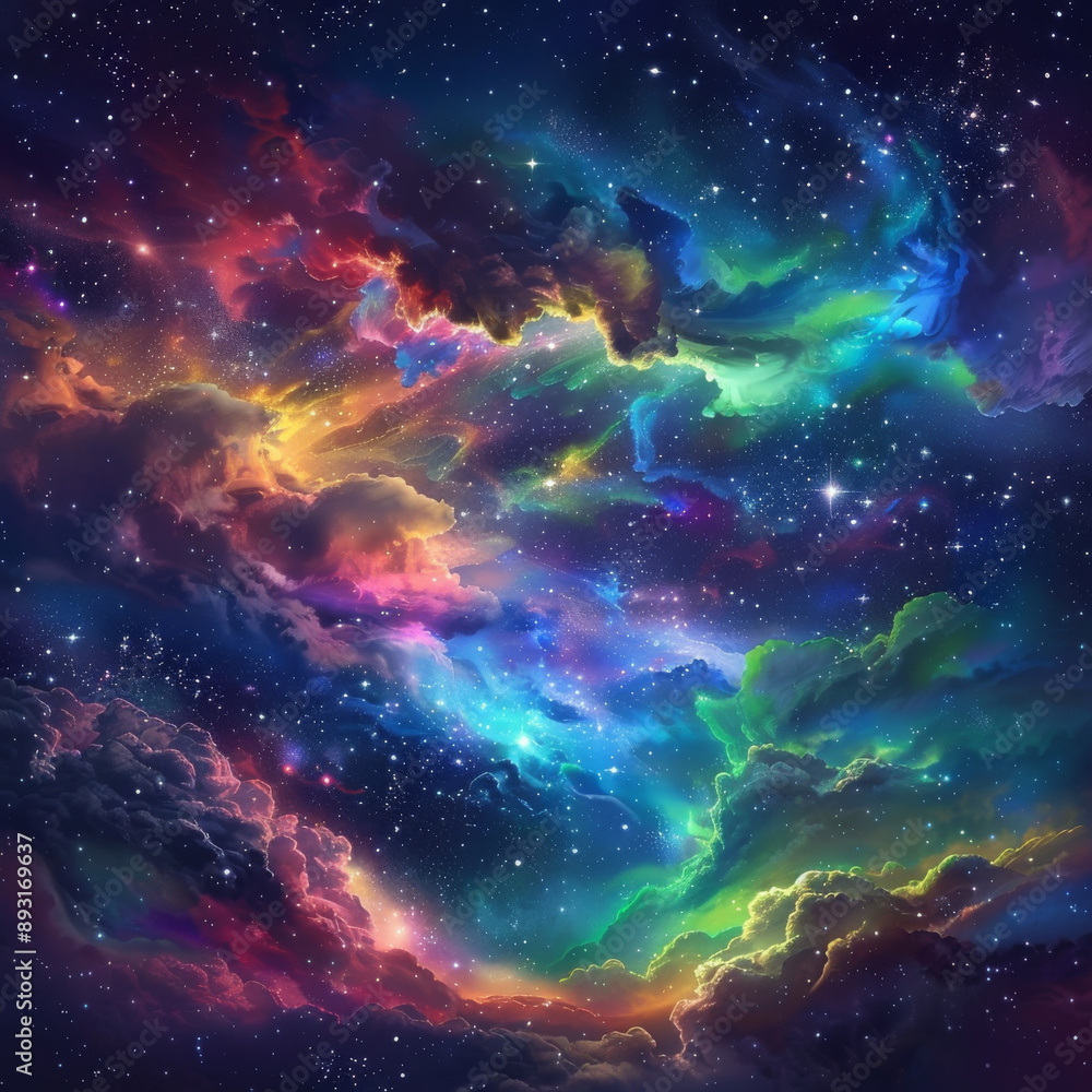 Stars sparkle in the vastness of space as colorful clouds drift by. The night sky glows with a vibrant aurora borealis, creating a surreal and mesmerizing scene. Stars sparkle in the vastness of space as colorful clouds drift by. The night sky glows with a vibrant aurora borealis, creating a surreal and mesmerizing scene.