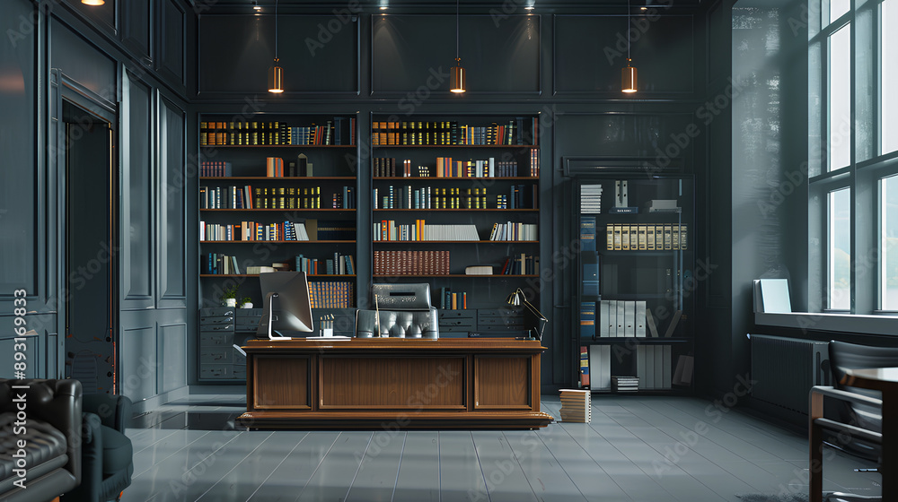 Gray CEO office interior with bookcase Gray CEO office interior with bookcase