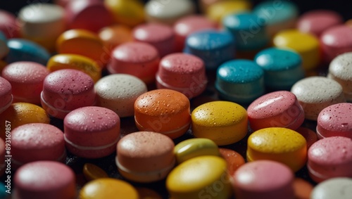 Vivid macro view of colorful medication pills and capsules in flatlay composition.