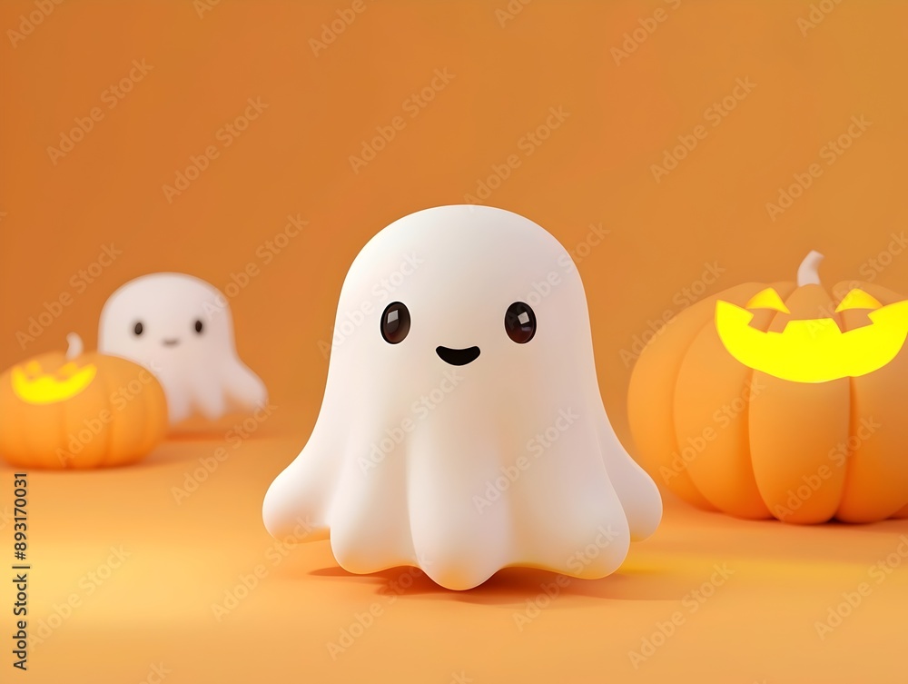 White kawaii ghosts with big eyes and smiles, surrounded by glowing jack-o'-lanterns on an orange background, create a charming Halloween scene. White kawaii ghosts with big eyes and smiles, surrounded by glowing jack-o'-lanterns on an orange background, create a charming Halloween scene.