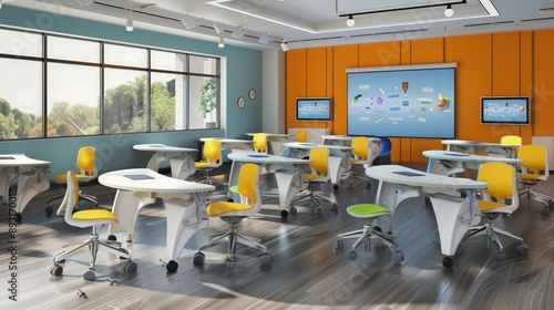 Classroom designed with modular seating, interactive displays, and ergonomic furniture