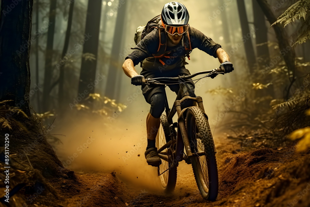 Naklejka premium A cyclist wearing protective gear rides an agile mountain bike through a mountain filled with tall trees. The road surface was dry and dust was clearly scattered. It shows that he rides so fast.