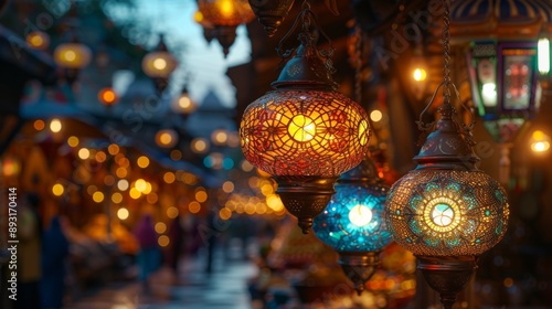 A Row of Colorful Lanterns Hang From the Ceiling of an Outdoor Shopping Area - Generative AI