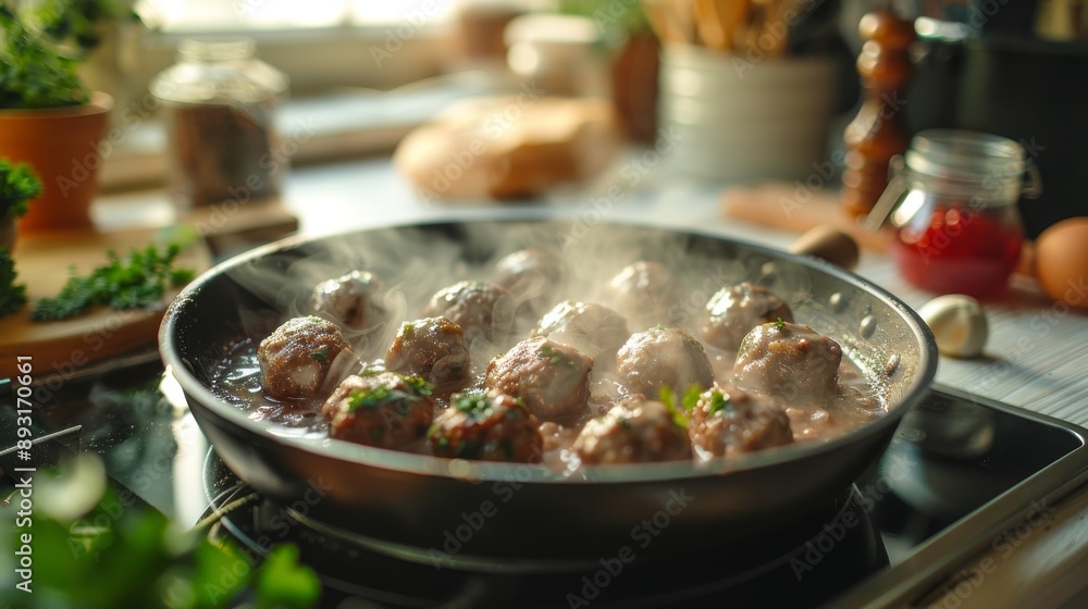 A Close up of a Pan Filled With Meatballs Cooking on Top of a Stove - Generative AI A Close up of a Pan Filled With Meatballs Cooking on Top of a Stove - Generative AI