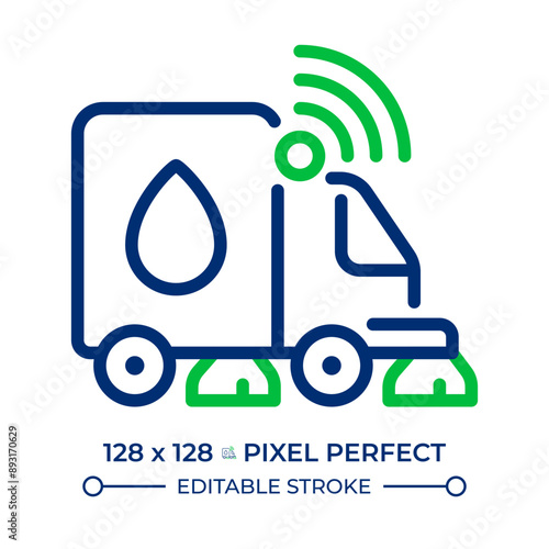 Street sweeper two color line icon. Public health, vacuum truck. Cleaning transport. Sensor technology bicolor outline symbol. Duotone linear pictogram. Isolated illustration. Editable stroke