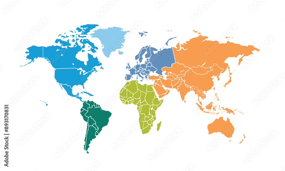 Fototapeta premium World map with individual colors,isolated on white background for website layouts,background,education, precise,customizable,Travel worldwide,map silhouette backdrop,earth geography, political,reports