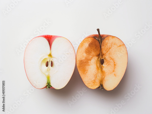 Fresh and rotten red apple. Good vs bad concept.  photo