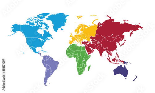World map with individual colors,isolated on white background for website layouts,background,education, precise,customizable,Travel worldwide,map silhouette backdrop,earth geography, political,reports