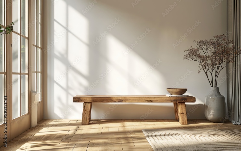 A solid wooden bench in corner room near a branch tree in a ceramic pot and carpet over the wooden floor near large windows in sunlight