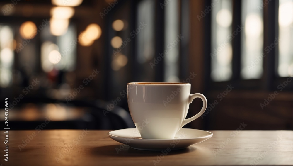 Fototapeta premium Side view of coffee cup on table, ideal for adding text with ample copy space for creative placement.