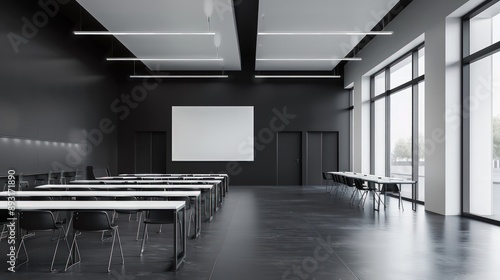 Classroom with minimalist black and white design, clean lines, and plenty of natural light