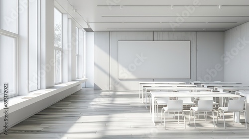 Classroom with minimalist white and grey d?(C)cor, light wooden flooring, and clean lines