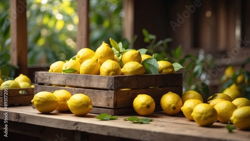 Wallpaper Mural Vivid lemons in wooden crates on farmhouse table summer refreshment scene in soft morning light. Torontodigital.ca