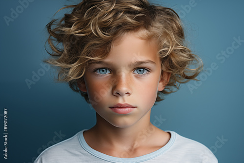 Portrait of a teen boy on a blue background.