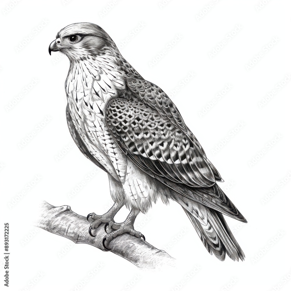 Fototapeta premium Black and white Vintage engraved art of a falcon isolated on white background, ink sketch illustration, simple vector art design, highly detailed line art, high contrasty. 