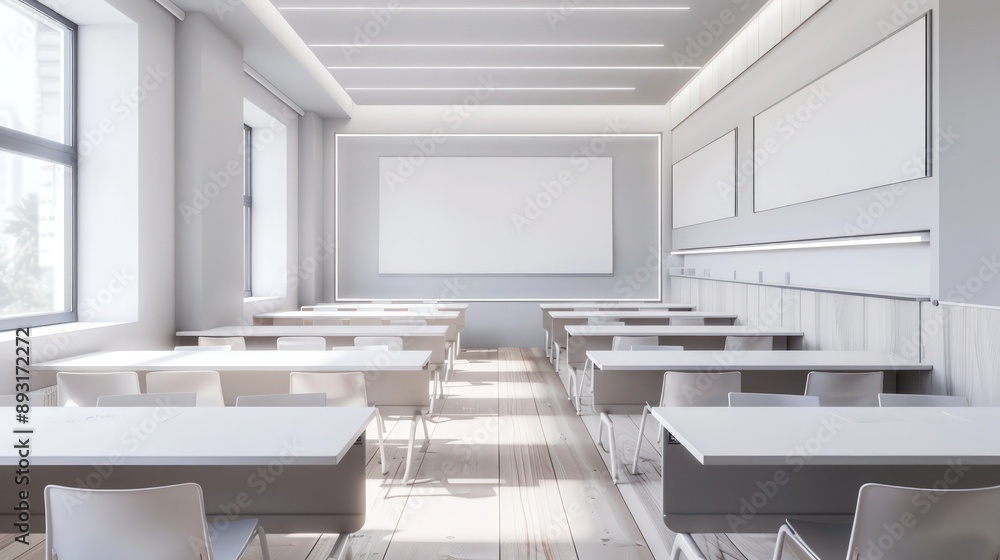 Classroom with minimalist white and grey d?(C)cor, light wooden flooring, and clean lines Classroom with minimalist white and grey d?(C)cor, light wooden flooring, and clean lines