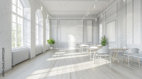 Classroom with minimalist white and grey d?(C)cor, light wooden flooring, and clean lines