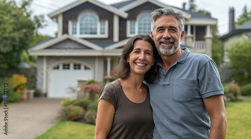 Happy middle-aged couple standing in front of their beautiful suburban home, smiling at the camera.