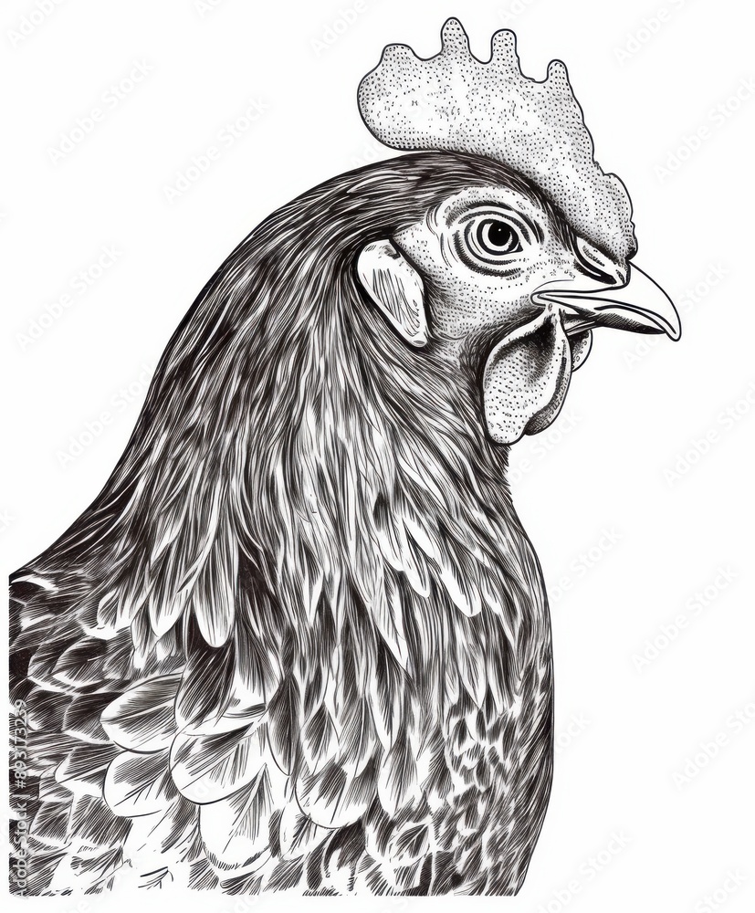 Black And White Vintage Engraved Art Of A Chicken Portrait Isolated On black-and-white-vintage-engraved-art-of-a-chicken-portrait-isolated-on