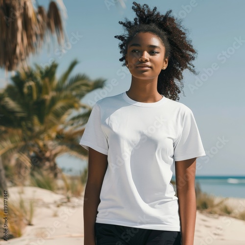 young afro american woman wearing a plain white t-shirt on the beach - fashion mock-up template photo